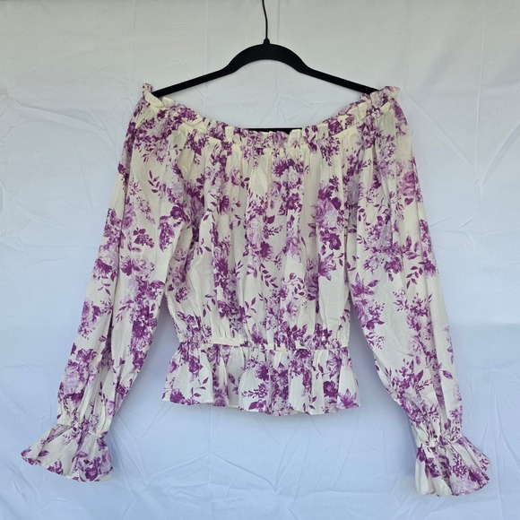 Flying Tomato Tops - Flying Tomato Purple Floral Off The Shoulder Smocked Peplum Blouse Cotton Medium